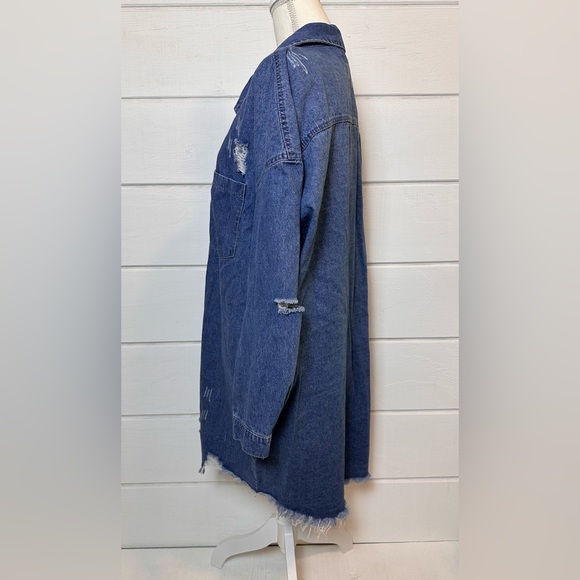 Missguided Plus Super Distressed Hem Denim Shirt Jacket Dress Blue Sz Large ASOS - Picture 8 of 13